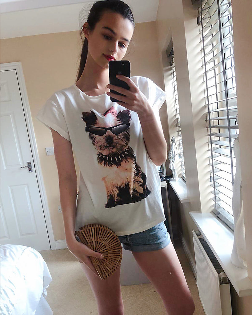 Cute dog and sun-glass print T-shirt