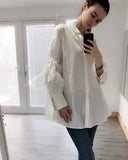 Oversized Ballon sleeves with tie up cotton blend shirt dress in white