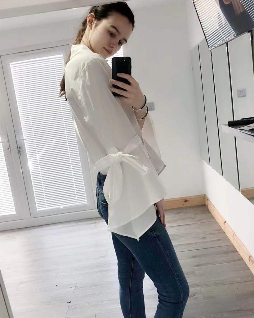 Bell sleeve shirt with ties in white