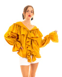 Front Frill detail long sleeves blouse top in mustard yellow