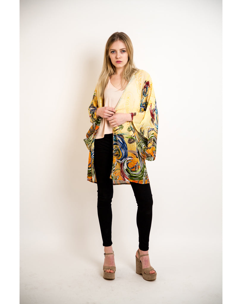 Floralprint oversize kimono sleeves kaftan cardigan (Yellow)