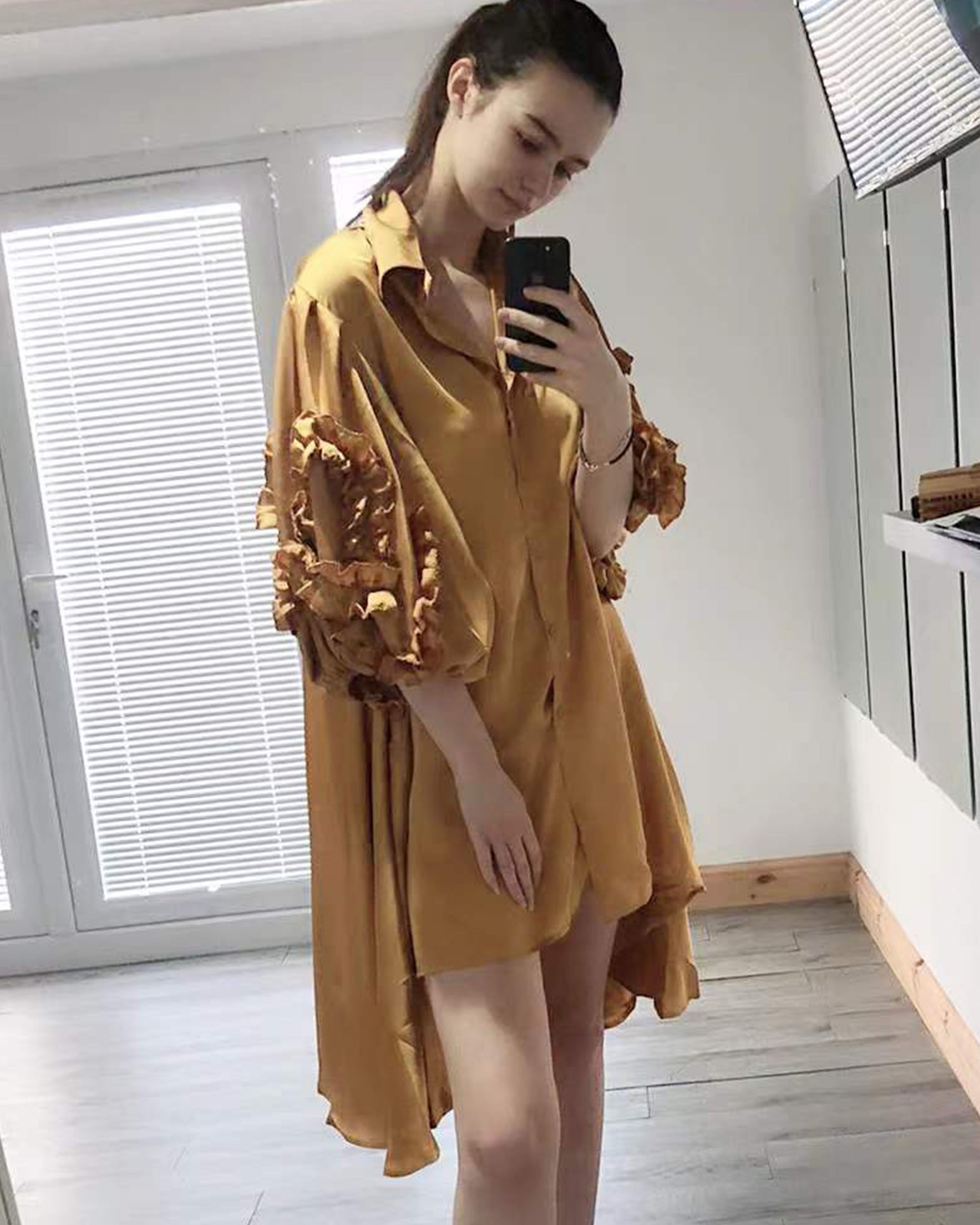 Floral sleeves design oversized sleeves shirt dress in Mustard Yellow ...