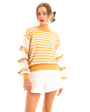 Multi layer ruffle sleeves yellow white color stripe jumper top