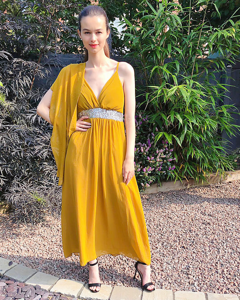 Strappy Chiffon Maxi Dress with Sequin waist (Yellow)