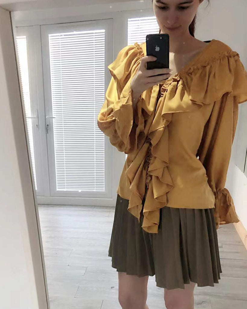 Front Frill detail long sleeves blouse top in mustard yellow